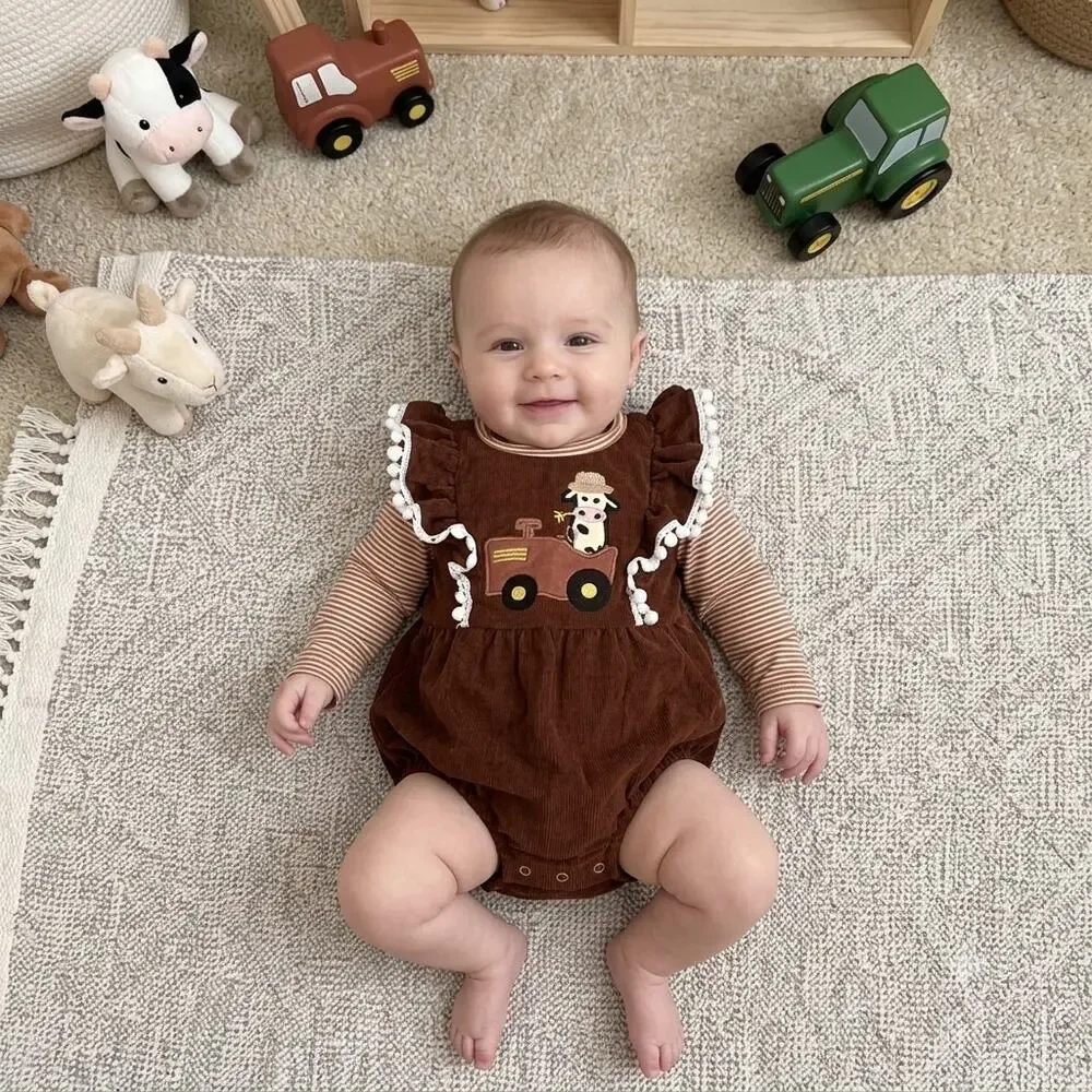 Marie Nicole Baby Girl Brown Striped Cow Tractor Farmer Corduroy Bubble Sz 6-12M